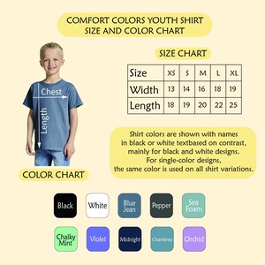 The image is a size and color chart for youth shirts, showing the measurements and corresponding color options for different shirt sizes.