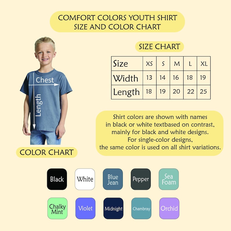 The image is a size and color chart for youth shirts, showing the measurements and corresponding color options for different shirt sizes.