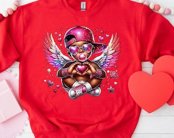 Divertente felpa nera afroamericana con Cupido per San Valentino, felpa con cappuccio di Cupido per San Valentino, maglione con cherubino, maglione divertente per San Valentino
