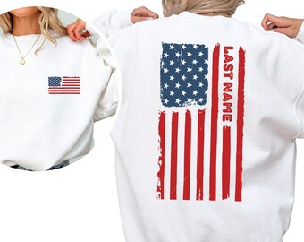 Custom Last Name American Flag Sweatshirt or Hoodie - Patriotic Thin Red Line