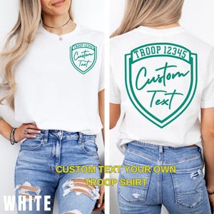 Aangepaste Troop Beverly Hills T-shirt, jeugd peuter uniseks vakantie shirts, familie camping T-shirts, Girl Scout Wilderness Girls, roze en groen