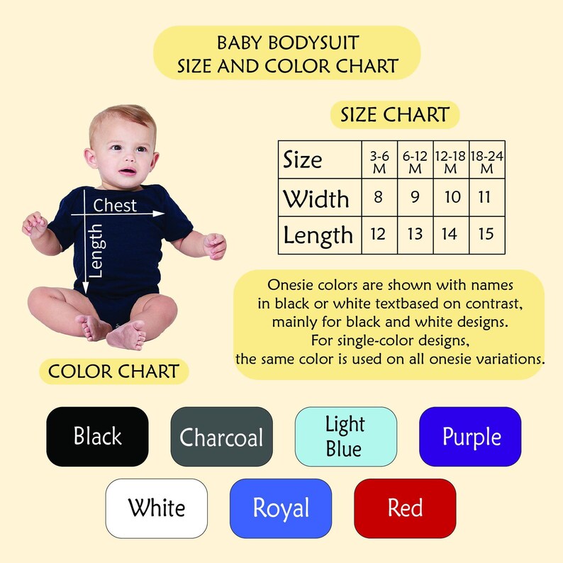 The image is a size and color chart for a baby's bodysuit, providing measurements and corresponding color options for different sizes.