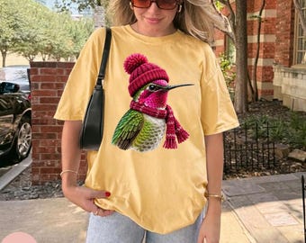 Comfort Colors Anna's Hummingbird Wearing Beanie Shirt , Retro Birding Birder Graphic Tee