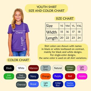 The image is a size and color chart for a youth shirt, showing the measurements and corresponding shirt colors.