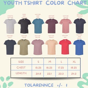 The image is a color chart for youth t-shirts, displaying various color options and corresponding sizes.