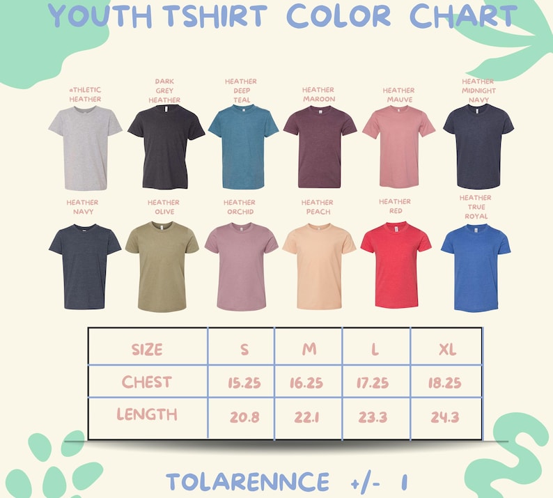 The image is a color chart for youth t-shirts, displaying various color options and corresponding sizes.