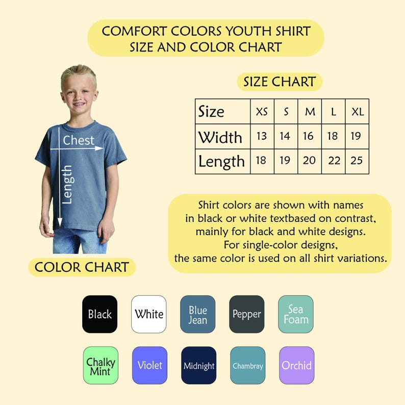 The image is a size and color chart for youth shirts, showing the measurements and corresponding color options for different shirt sizes.