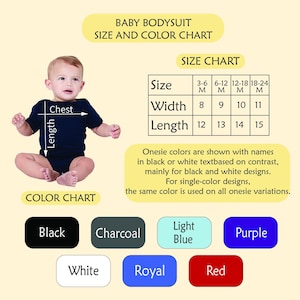 The image is a size and color chart for a baby's bodysuit, providing measurements and corresponding color options for different sizes.