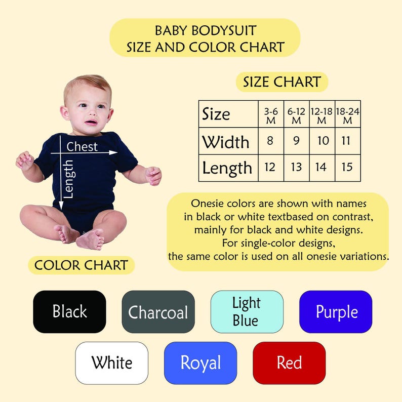 The image is a size and color chart for a baby's bodysuit, providing measurements and corresponding color options for different sizes.