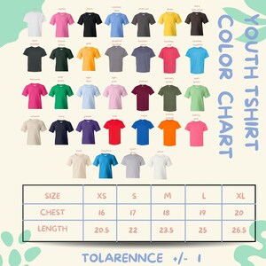 The image is a colorful t-shirt chart displaying various sizes and colors of t-shirts, along with a table of sizes and corresponding chest and length measurements.