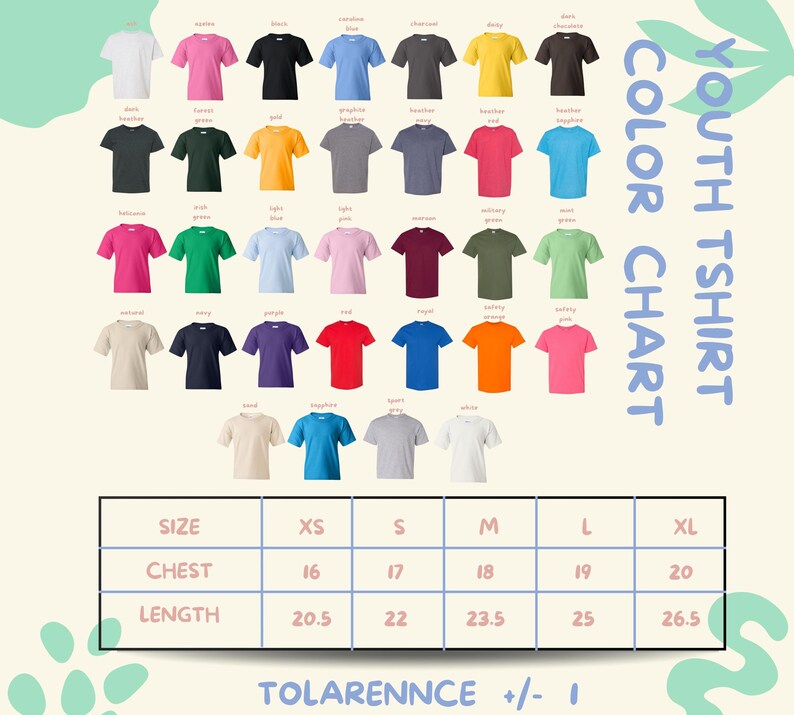 The image is a colorful t-shirt chart displaying various sizes and colors of t-shirts, along with a table of sizes and corresponding chest and length measurements.