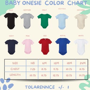 The image is a color chart for baby onesies, displaying various color options and corresponding sizes.