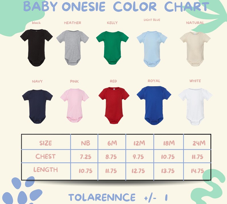 The image is a color chart for baby onesies, displaying various color options and corresponding sizes.