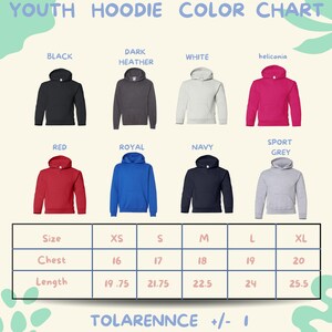The image is a color chart for youth hoodies, displaying various color options and corresponding sizes.