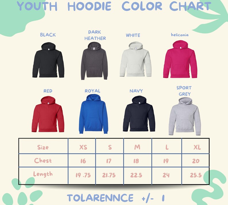 The image is a color chart for youth hoodies, displaying various color options and corresponding sizes.