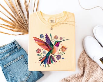 Comfort Colors Hummingbird Wildflower T-Shirt, Cottagecore Floral Tee, Watercolor Bird Lover Gift, Botanical Nature Garden Top