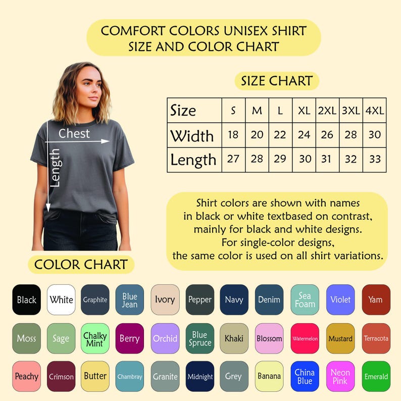 The image is a color chart and size chart for a comfortable colors unisex shirt. The chart provides information on the shirt's size and color options, including a color chart with various color options and corresponding names.