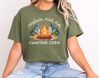T-shirt de camping : incendies, amis, plaisir - T-shirt d'extérieur pour groupe