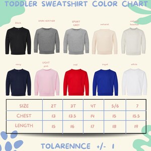 The image is a color chart for toddler sweatshirts, displaying various color options and corresponding sizes for different age groups.