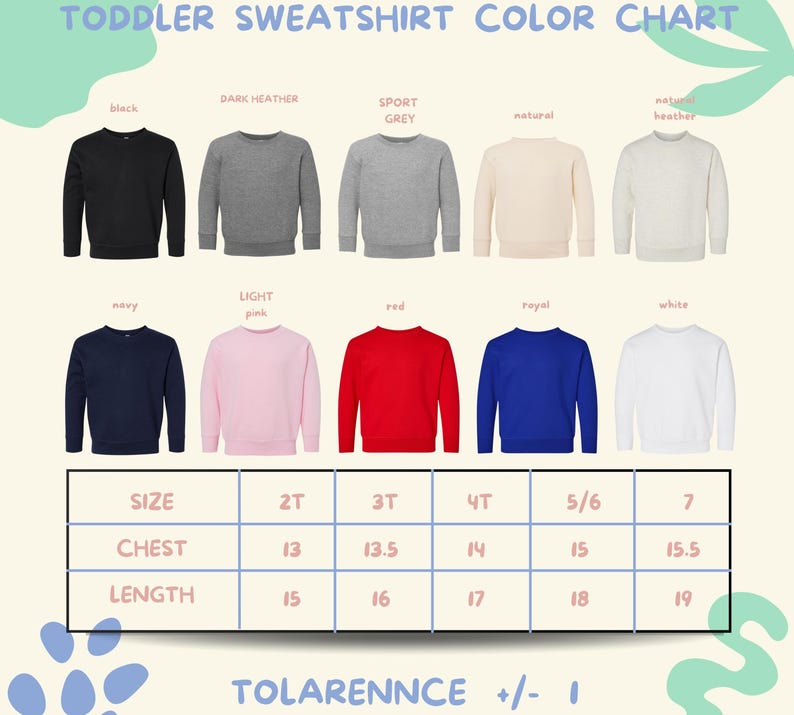 The image is a color chart for toddler sweatshirts, displaying various color options and corresponding sizes for different age groups.