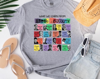 Puede incluir: Una camiseta gris claro con el texto "WHAT WE LEARN FROM BLACK HISTORY" e imágenes de figuras históricas. La camiseta también presenta las palabras "CHALLENGE like Rosa", "REFORM like Frederick" y "STAND like Nelson".