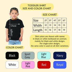 The image is a size and color chart for a toddler shirt, showing the measurements and corresponding shirt colors.