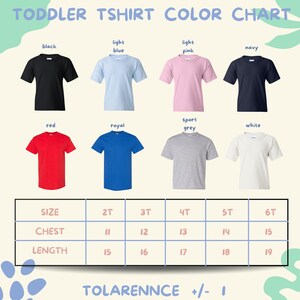 The image is a color chart for toddler t-shirts, displaying various color options and corresponding sizes.