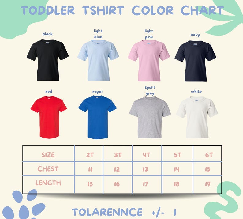 The image is a color chart for toddler t-shirts, displaying various color options and corresponding sizes.