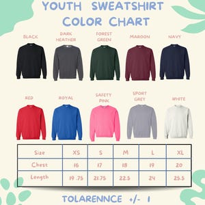 The image is a color chart for youth sweatshirts, displaying various color options and corresponding sizes.