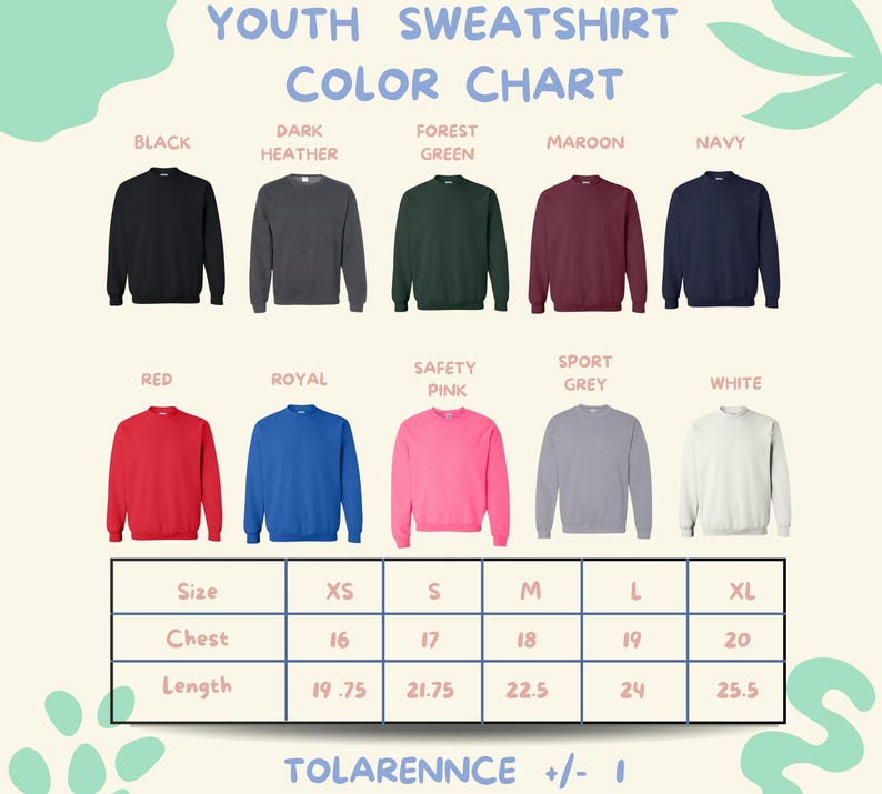 The image is a color chart for youth sweatshirts, displaying various color options and corresponding sizes.