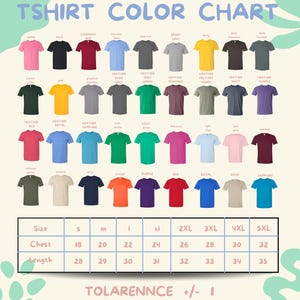 The image is a color chart for a variety of t-shirt designs, with each design represented by a different color. The chart includes a list of color names and corresponding color codes, as well as size and length information for each design.