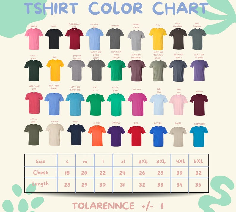 The image is a color chart for a variety of t-shirt designs, with each design represented by a different color. The chart includes a list of color names and corresponding color codes, as well as size and length information for each design.