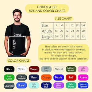 The image is a size and color chart for a unisex t-shirt, showing the measurements and corresponding shirt colors.