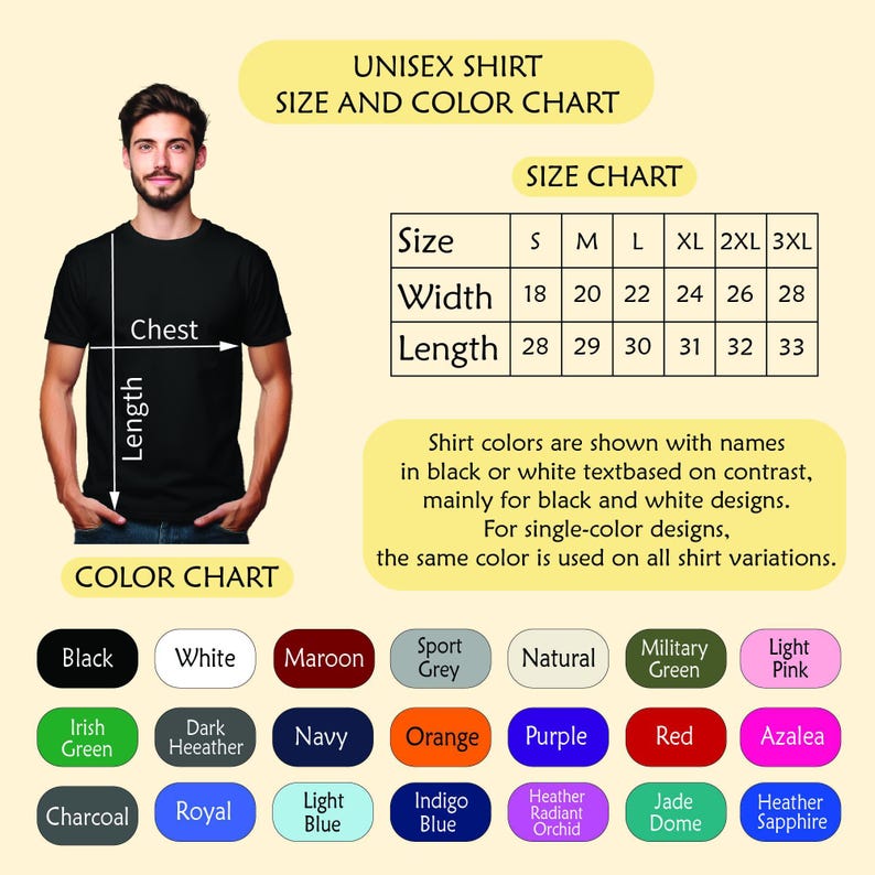 The image is a size and color chart for a unisex t-shirt, showing the measurements and corresponding shirt colors.