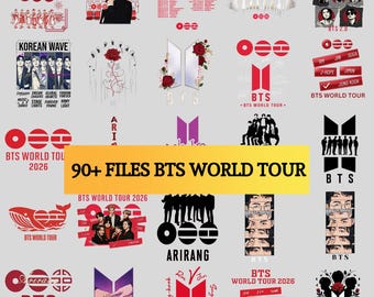 Paquete de más de 80 imágenes PNG de la gira mundial Arirang de BTS 2026, diseño de camisetas de conciertos de Kpop, firmas de miembros de BTS, descarga instantánea de We Are Back 2026