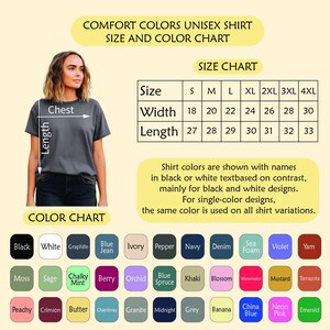 The image is a color chart and size chart for a comfortable colors unisex shirt. The chart provides information on the shirt's size and color options, including a color chart with various color options and corresponding names.