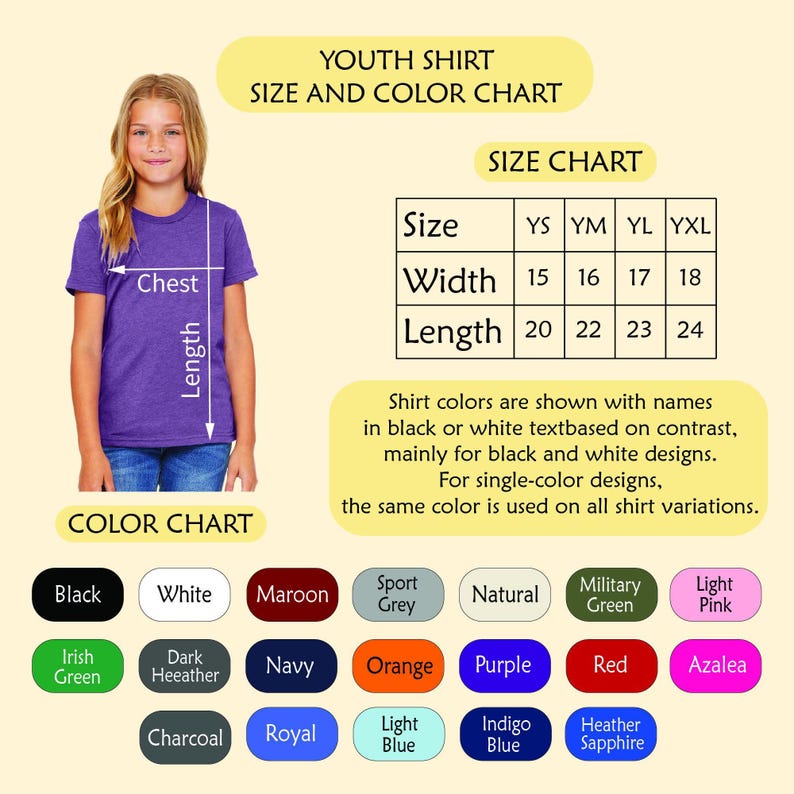 The image is a size and color chart for a youth shirt, showing the measurements and corresponding shirt colors.