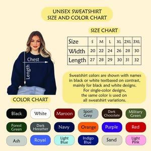 The image is a size and color chart for a unisex sweatshirt. It includes a woman wearing a blue sweatshirt and a color chart with various color options.