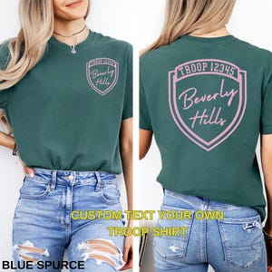 Custom Troop T-shirt Beverly Hills, jeugdcomfortkleuren unisex vakantieshirts, familie camping-T-shirt, padvindster wildernis meisjes, roze en groen