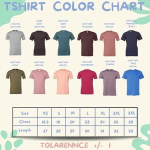 a color chart for a collection of t-shirts, with various colors and sizes listed.