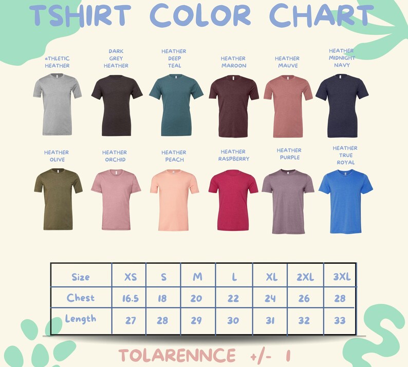 a color chart for a collection of t-shirts, with various colors and sizes listed.