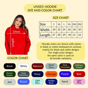 The image is a size and color chart for an unisex hoodie. It includes a photo of a woman wearing the hoodie and measurements for the chest, width, and length. The chart also lists color options for the hoodie, such as black, white, maroon, grey, chocolate, green, navy, orange, purple, red, ash, royal, light blue, indigo, and sand.