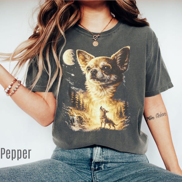 Comfort Colors® Chihuahua Howling to Moon Vintage T-shirt, 90-tals retro djurtryckt T-shirt, Chihuahua mamma present, fullmånedjur T-shirt