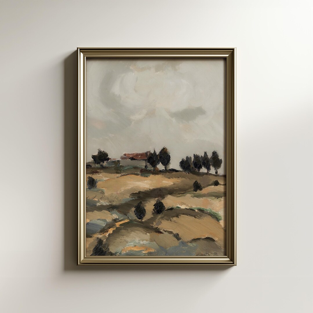 Vintage Countryside Painting | Hilltop House, Earthy Tones (digital ...