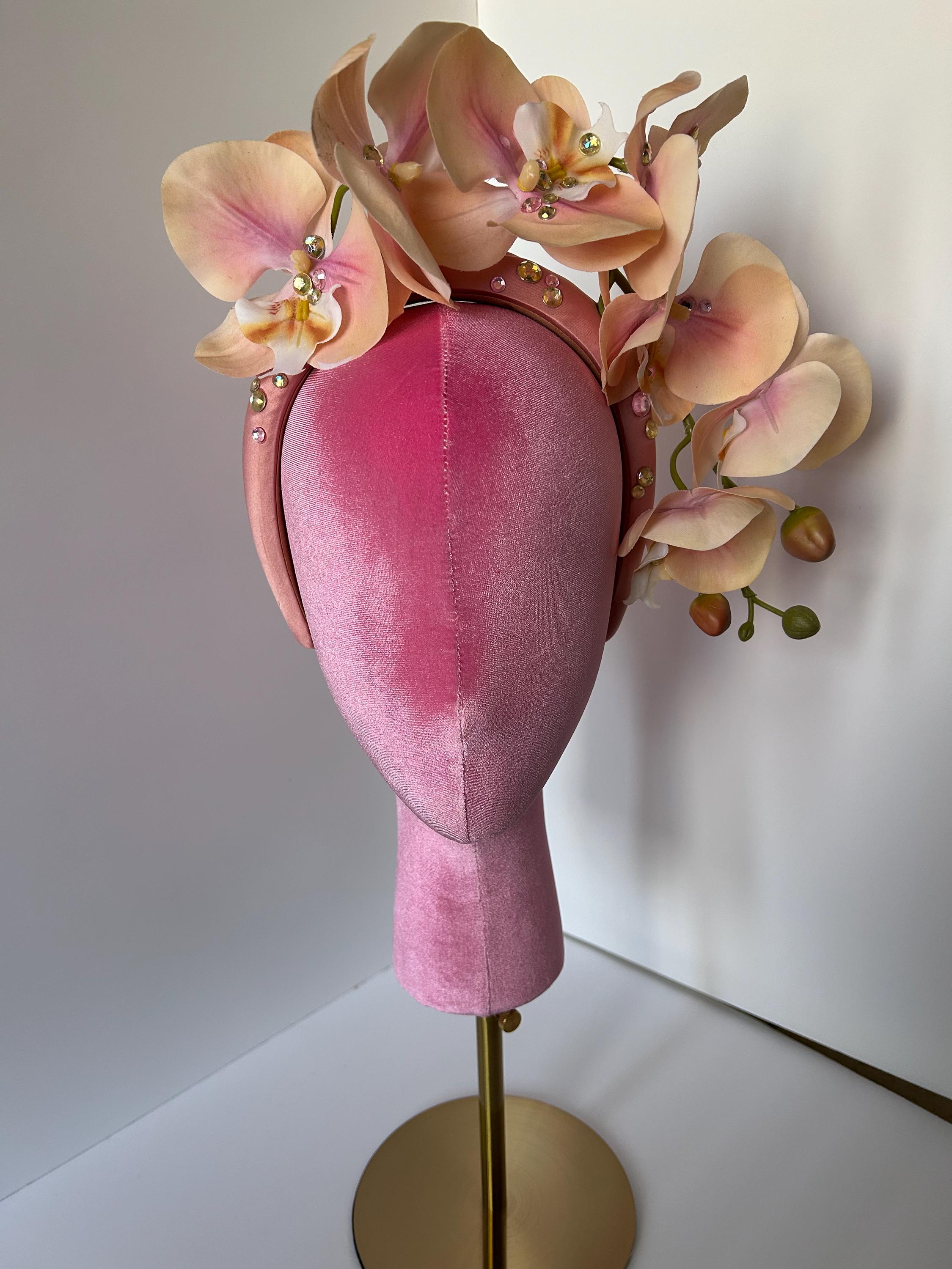 Handmade Peach Orchid Fascinator Headband - Rhinestone Embellished Floral Accessory
