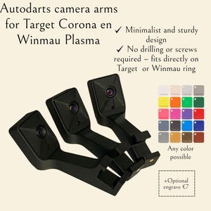 May include: Three black Autodarts camera arms for Target Corona en Winmau Plasma. The arms have a minimalist design and require no drilling or screws. Any color is possible.