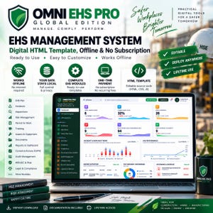 May include: A digital EHS management system template displayed on a laptop screen, featuring a dashboard with inspection, compliance, and incident data. The interface includes modules for risk management, training, and audits, with text labels for Omni EHS Pro.