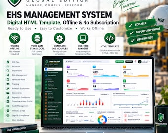 May include: A digital EHS management system template displayed on a laptop screen, featuring a dashboard with inspection, compliance, and incident data. The interface includes modules for risk management, training, and audits, with text labels for Omni EHS Pro.