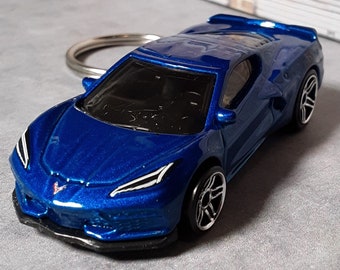 Sports car keychain 1:64 Diecast metal Blue American Sports car stainless steel swivel connection keyring charm - zipper charm