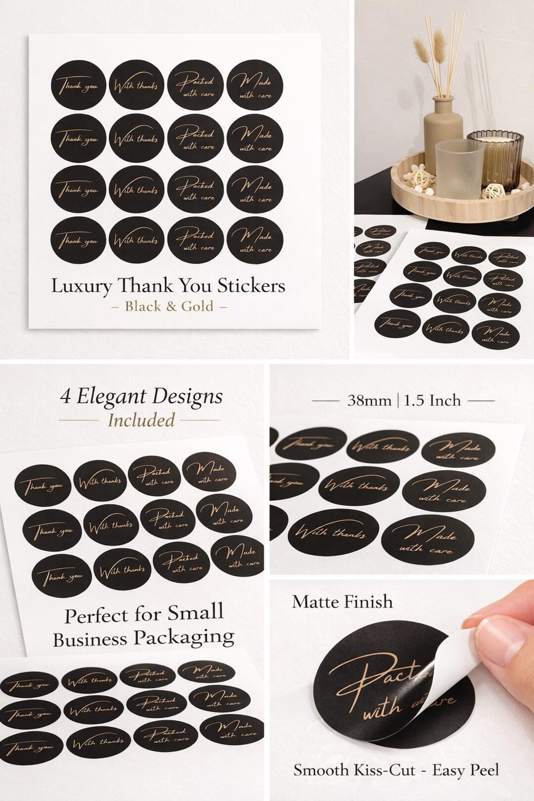 Black & Gold Thank You Stickers | Small Business Packaging Seals, 38mm ...